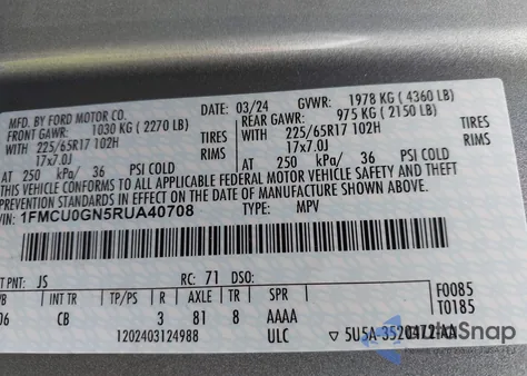 2024 Ford Escape Active из США, поврежденный, VIN 1FMCU0GN5RUA40708